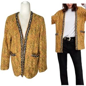 Zara Tweed Embellished Pearl Beaded Mustard Yellow Metallic Gold Jacket  - M